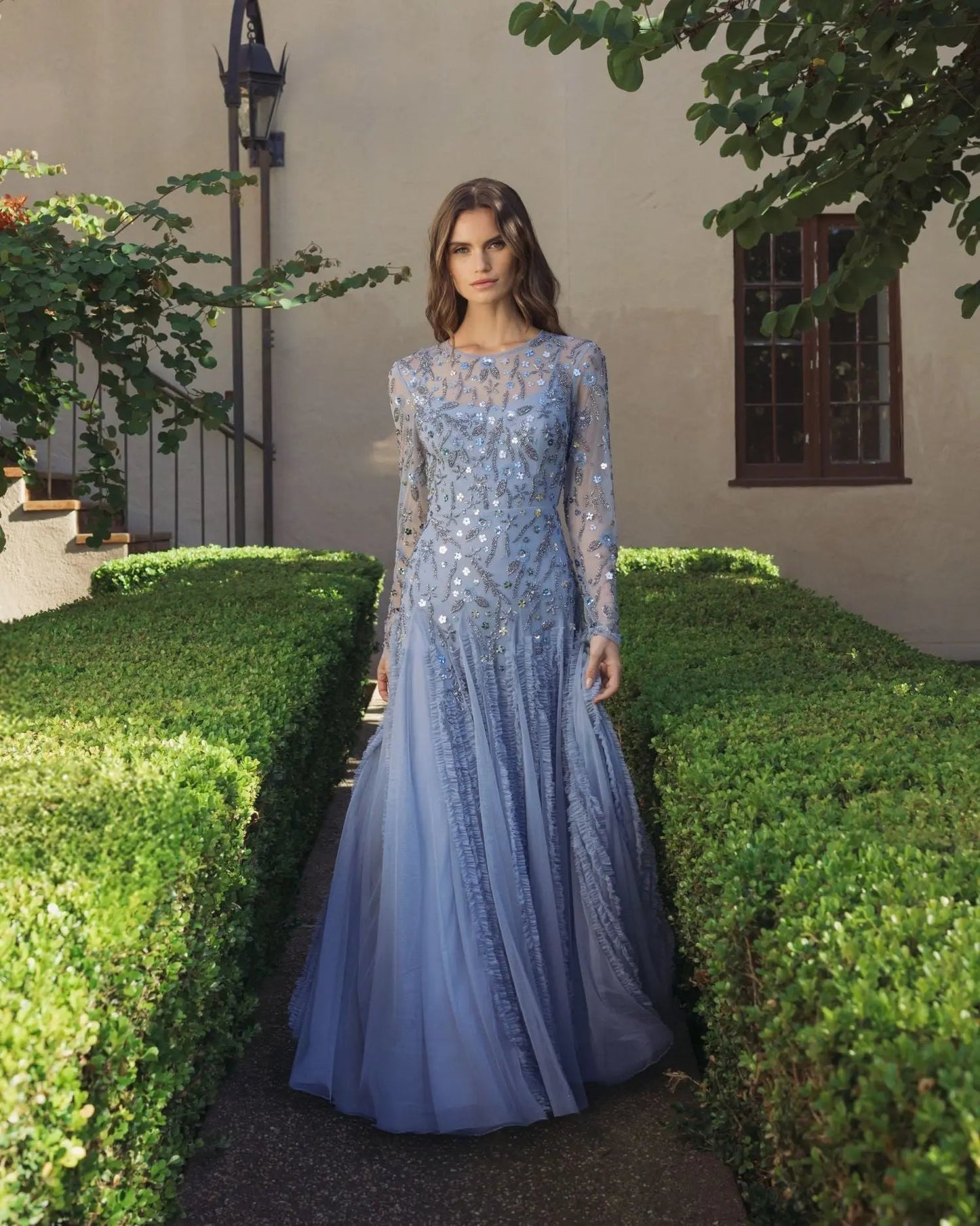 Blue Embellished Long Sleeve Drop Waist Gown