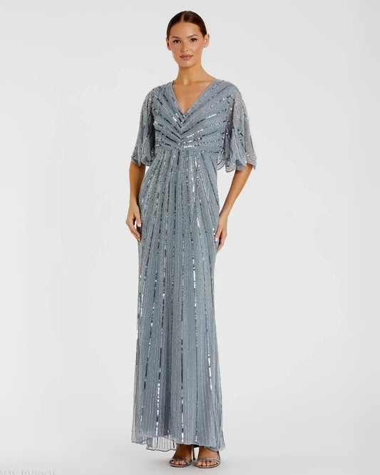 Blue Sequined V Neck Cape Sleeve Gown - FINAL SALE