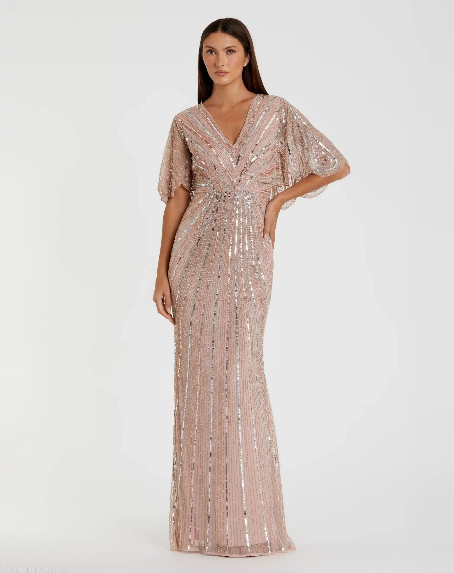 Pink Sequined V Neck Cape Sleeve Gown - FINAL SALE