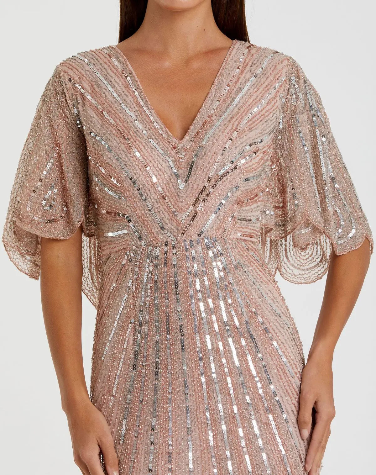 Pink Sequined V Neck Cape Sleeve Gown - FINAL SALE