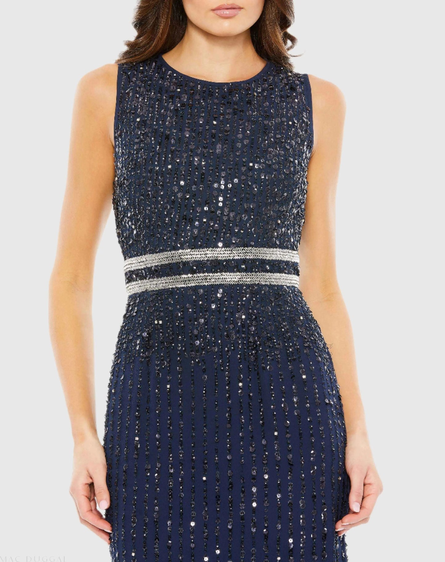 Navy Sequined High Neck Sleeveless Column Gown