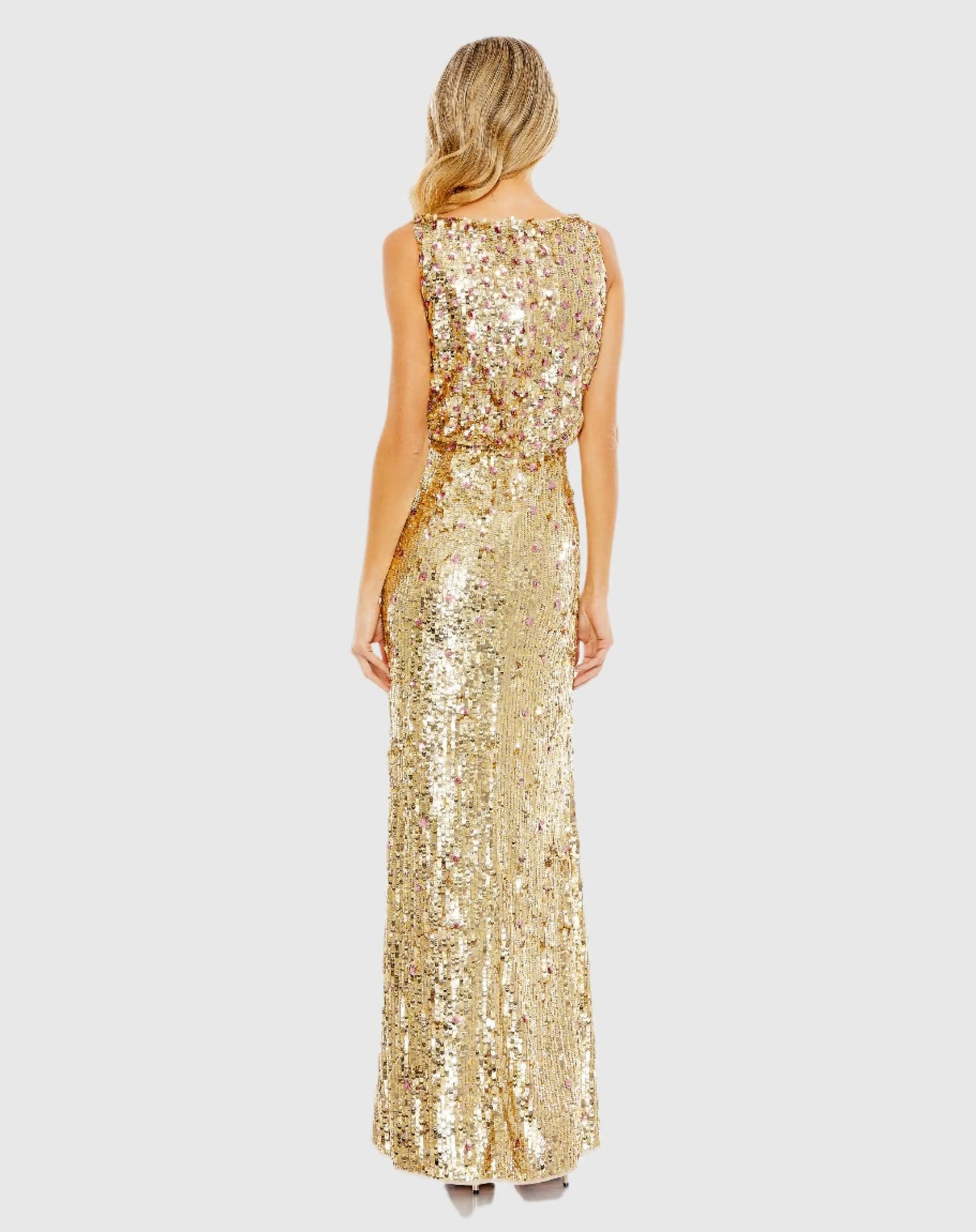 Gold Sequined Sleeveless High Neck Gown