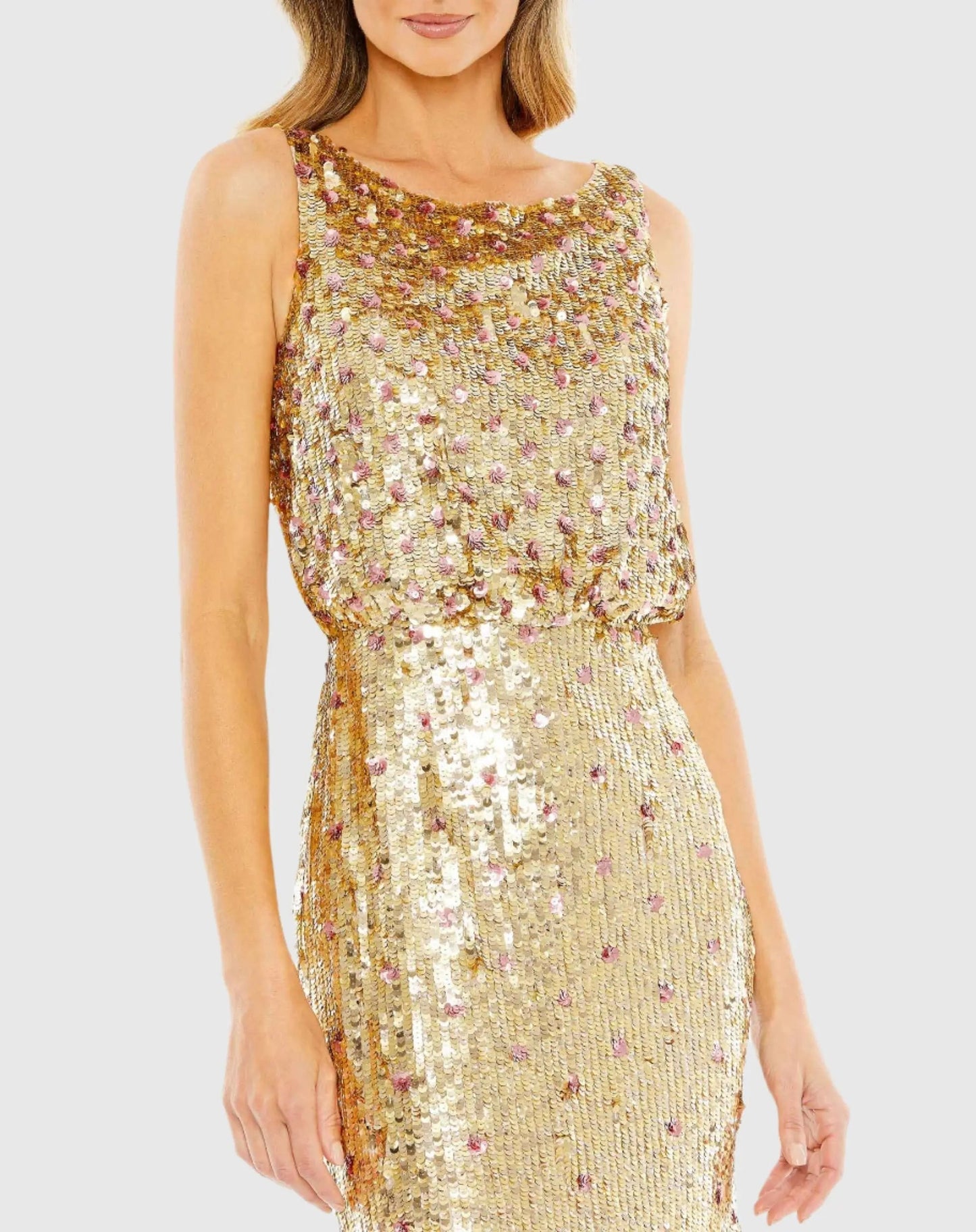 Gold Sequined Sleeveless High Neck Gown