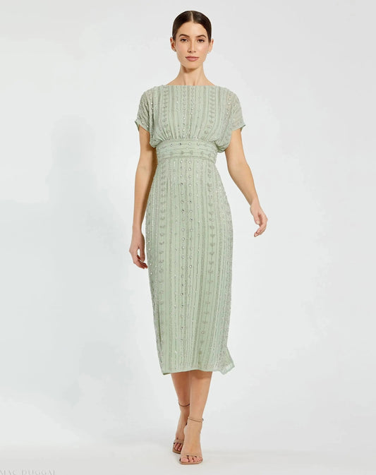 Green Beaded Cap Sleeve Empire Waist Sheath Midi Dress