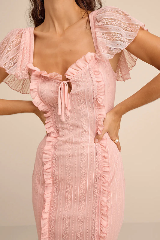 Aviara Light Pink Lace Ruffled Flutter Sleeve Midi Dress