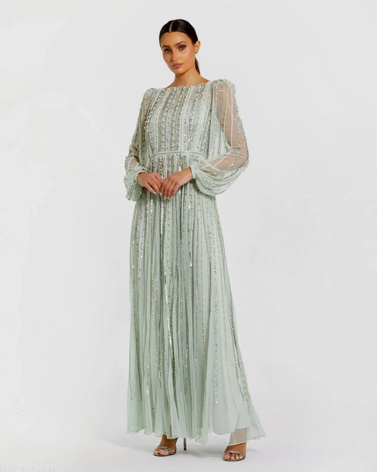 Green Boat Neck Long Sleeve Beaded Gown