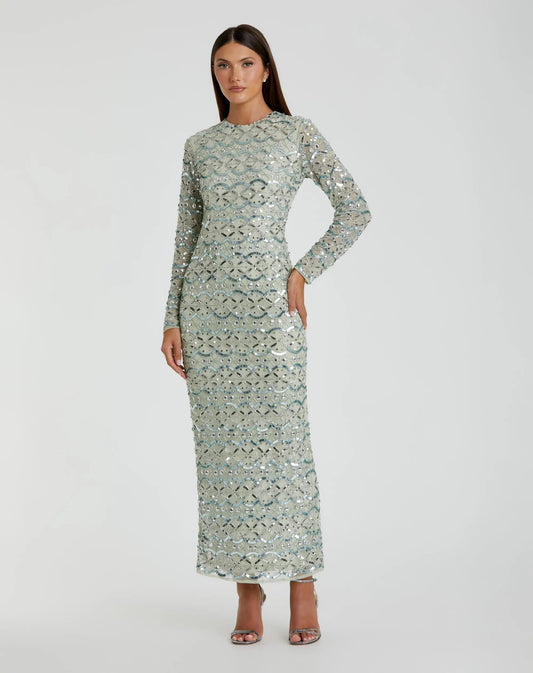 Green High Neck Long Sleeve Embellished Dress