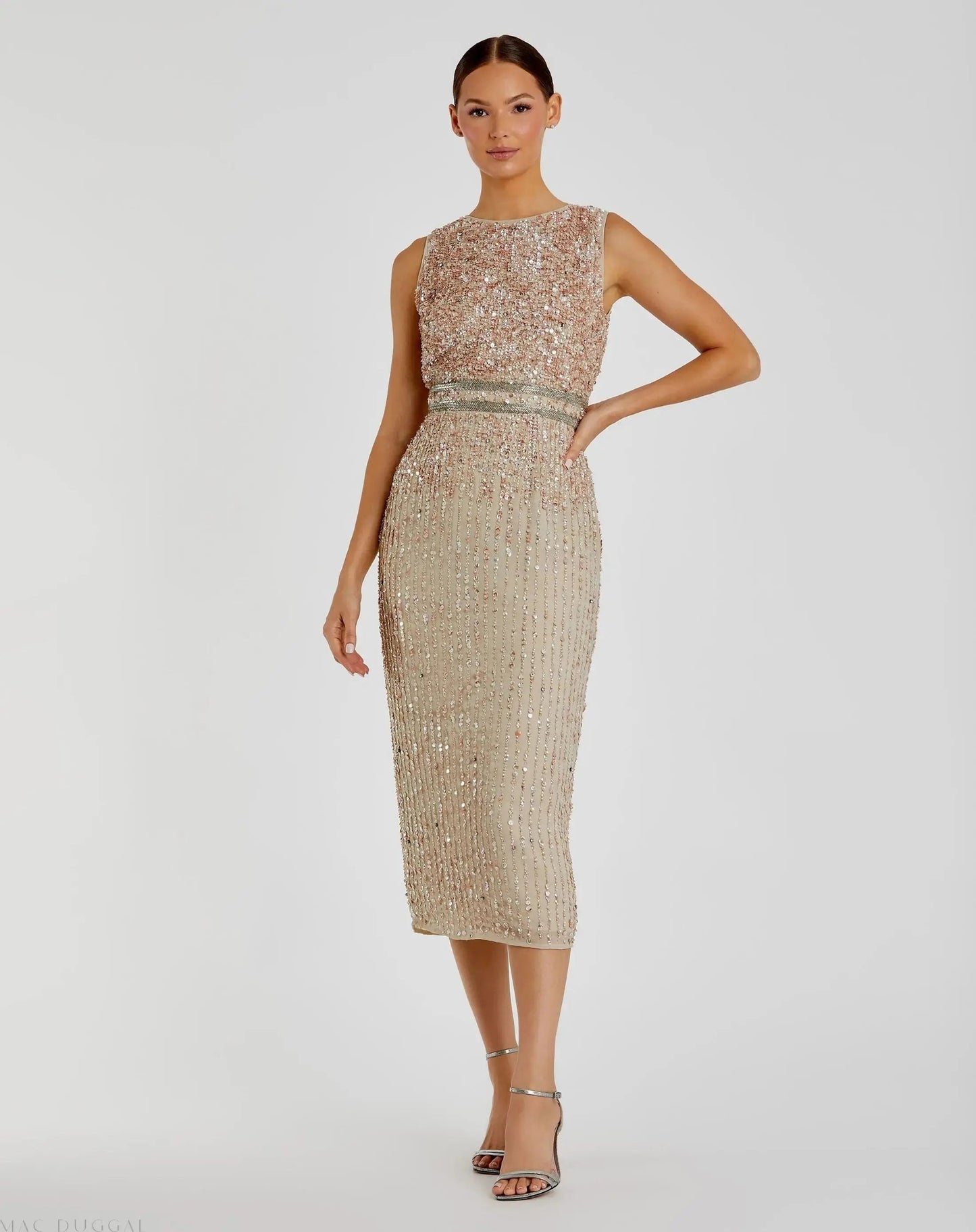 Nude Sleeveless High Neck Beaded Midi Sheath Dress - FINAL SALE