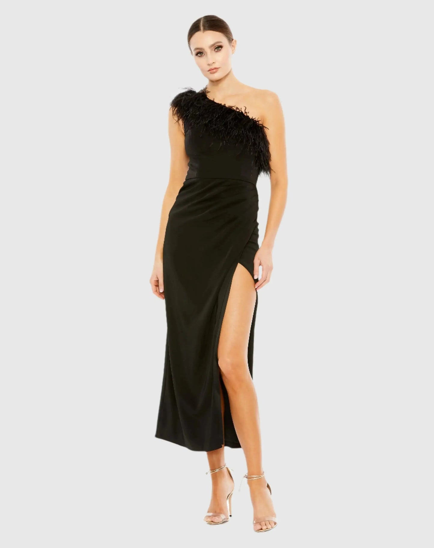 Black Feather Trim One Shoulder Draped Dress