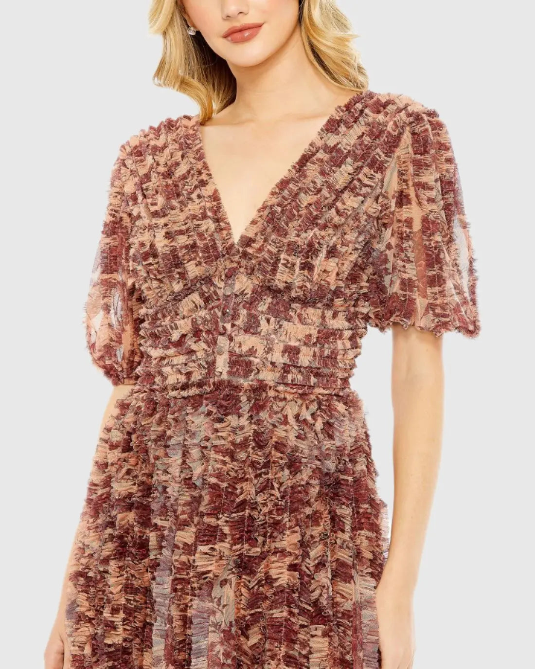 Brown Mesh V-Neck Floral Dress