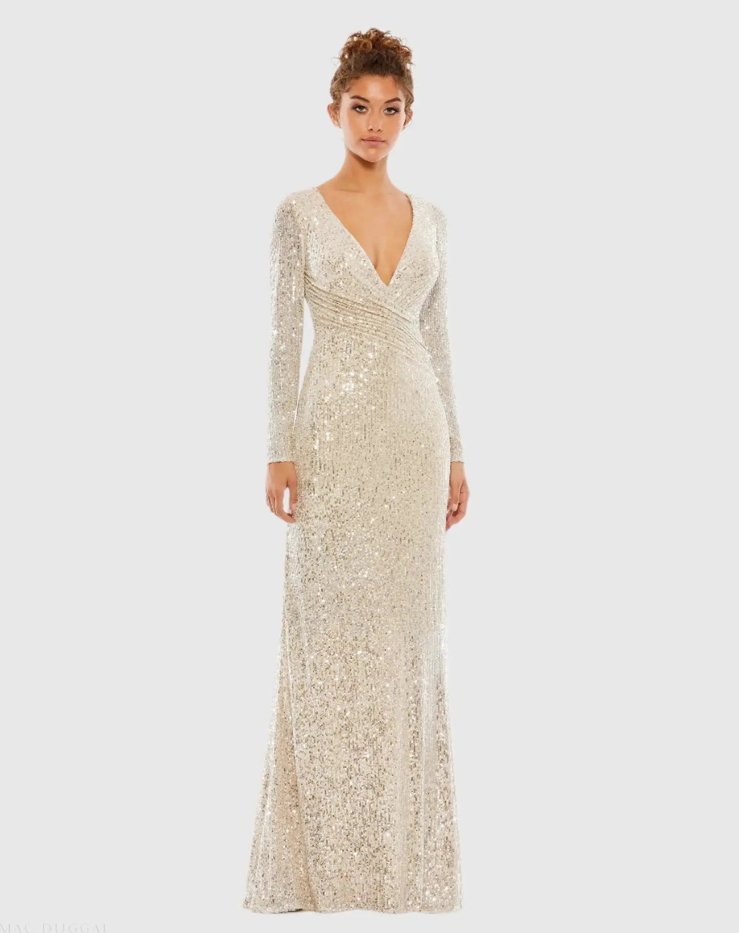Beige Sequined Faux Wrap Long Sleeve Column Gown