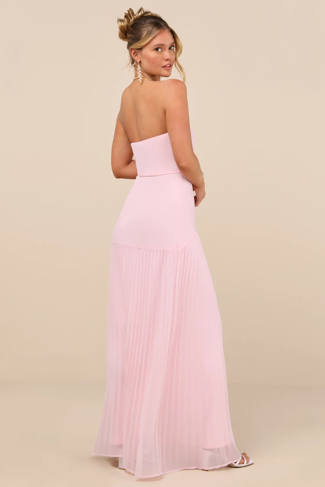 Celebratory Aesthetic Blush Pink Pleated Strapless Maxi Dress