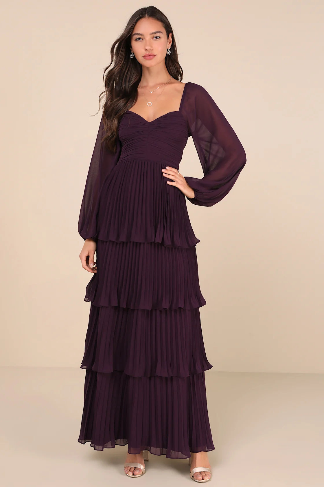 Impactful Elegance Purple Tiered Balloon Sleeve Maxi Dress