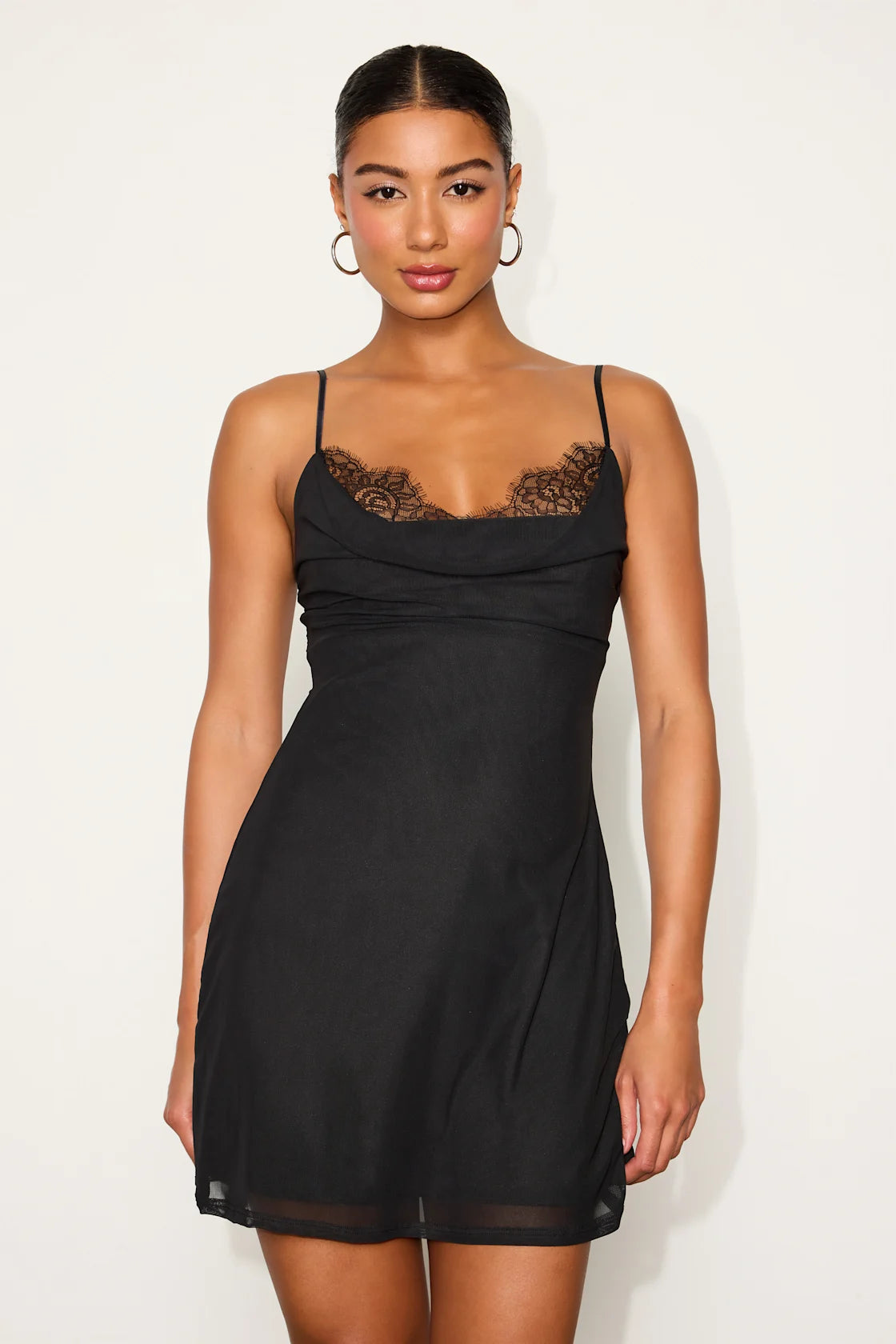 Maddox Black Mesh Lace Cowl Neck Mini Dress