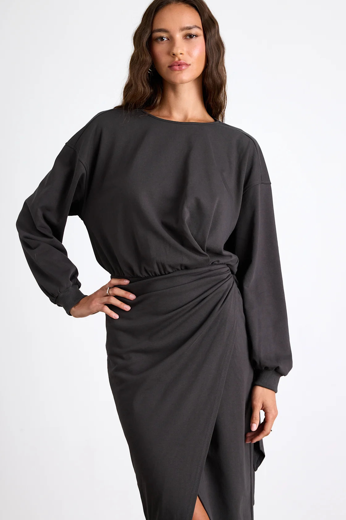 Eunia Charcoal Grey Jersey Knit Long Sleeve Wrap Midi Dress