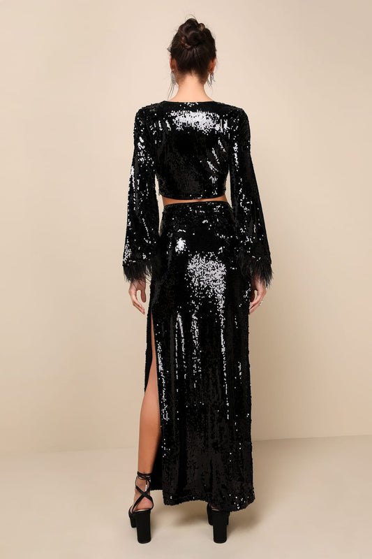 Glowing Icon Black Sequin Feather Two-Piece Maxi Dress
