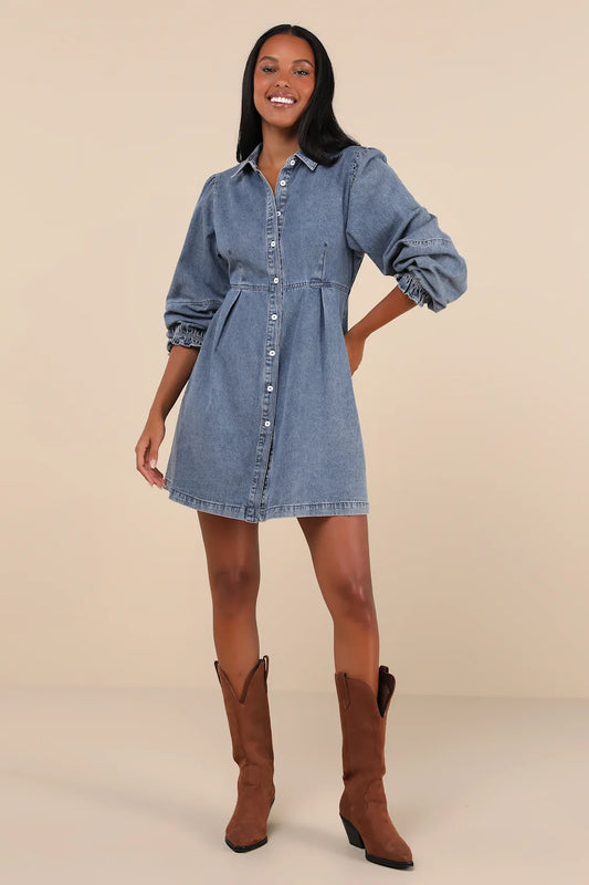 Uniquely Darling Medium Wash Denim Mini Dress With Pockets