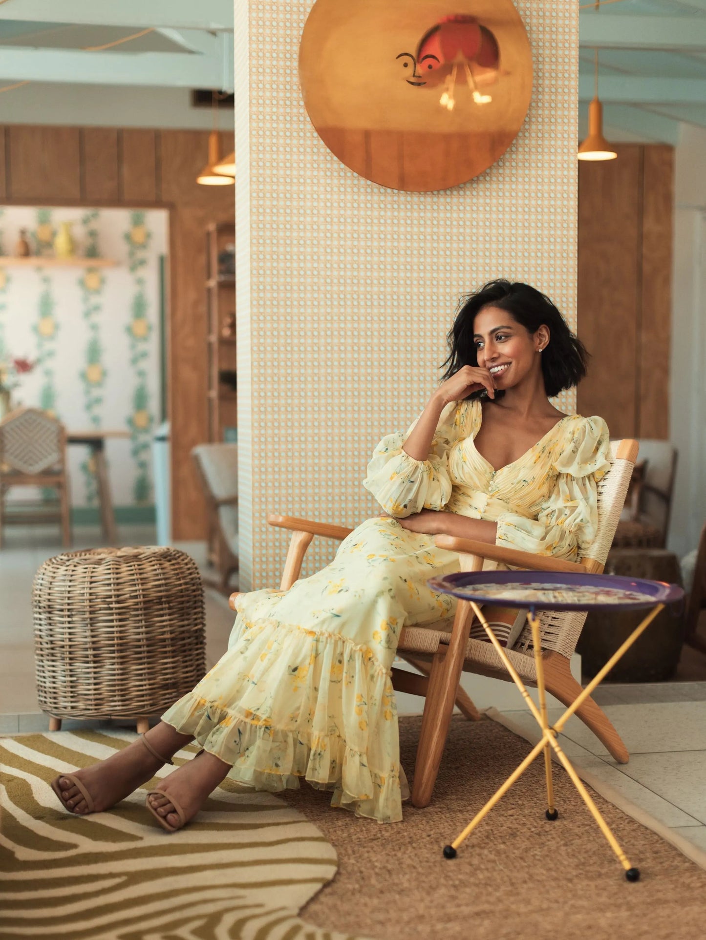 Yellow Floral Print Chiffon Illusion Tiered Puff Dress