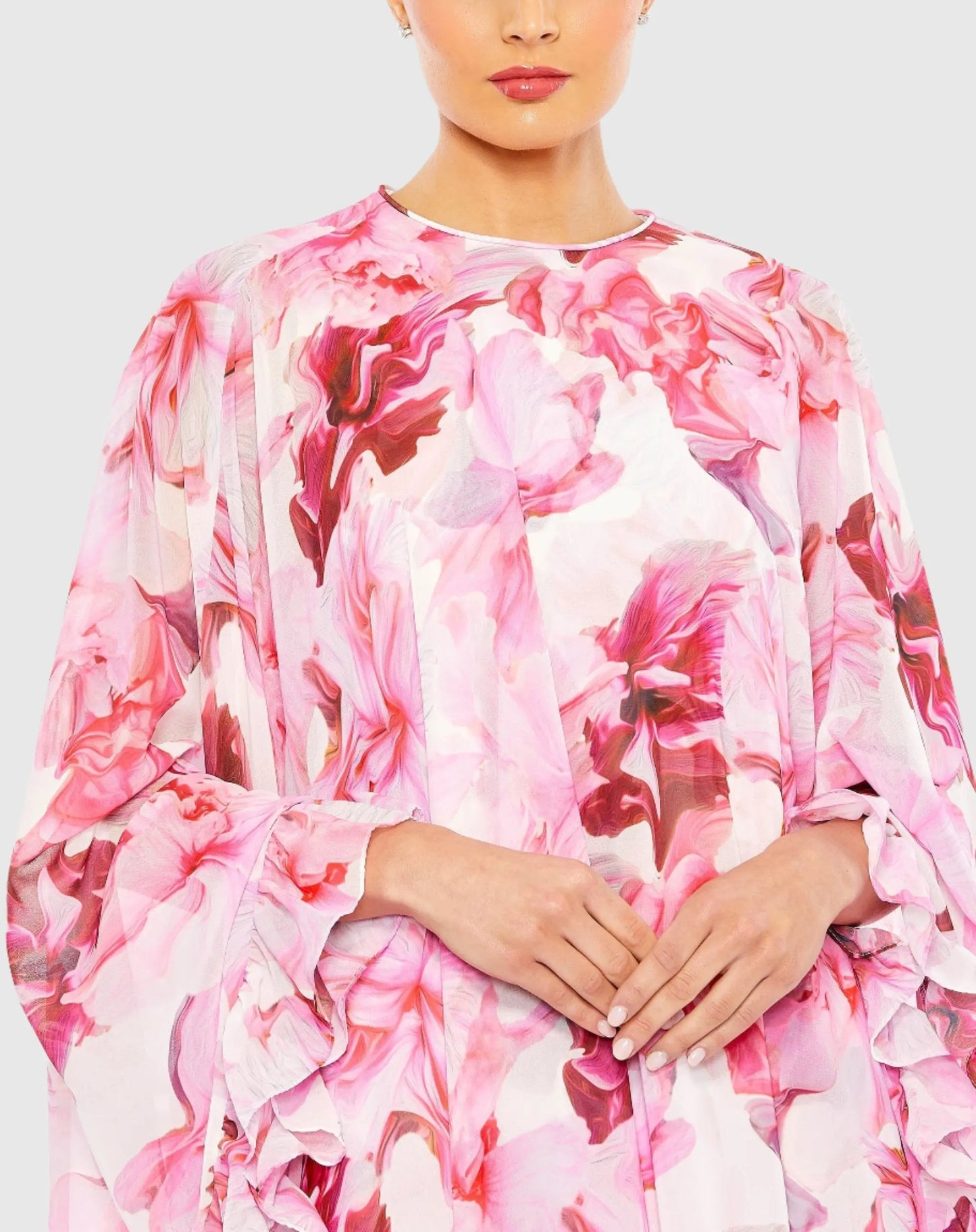 Floral Print High Neck Ruffle Hem Cape Mini Dress