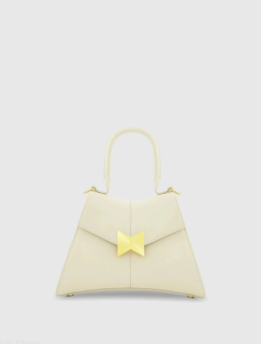 White Angular Small Leather Handbag With Gold Hardware