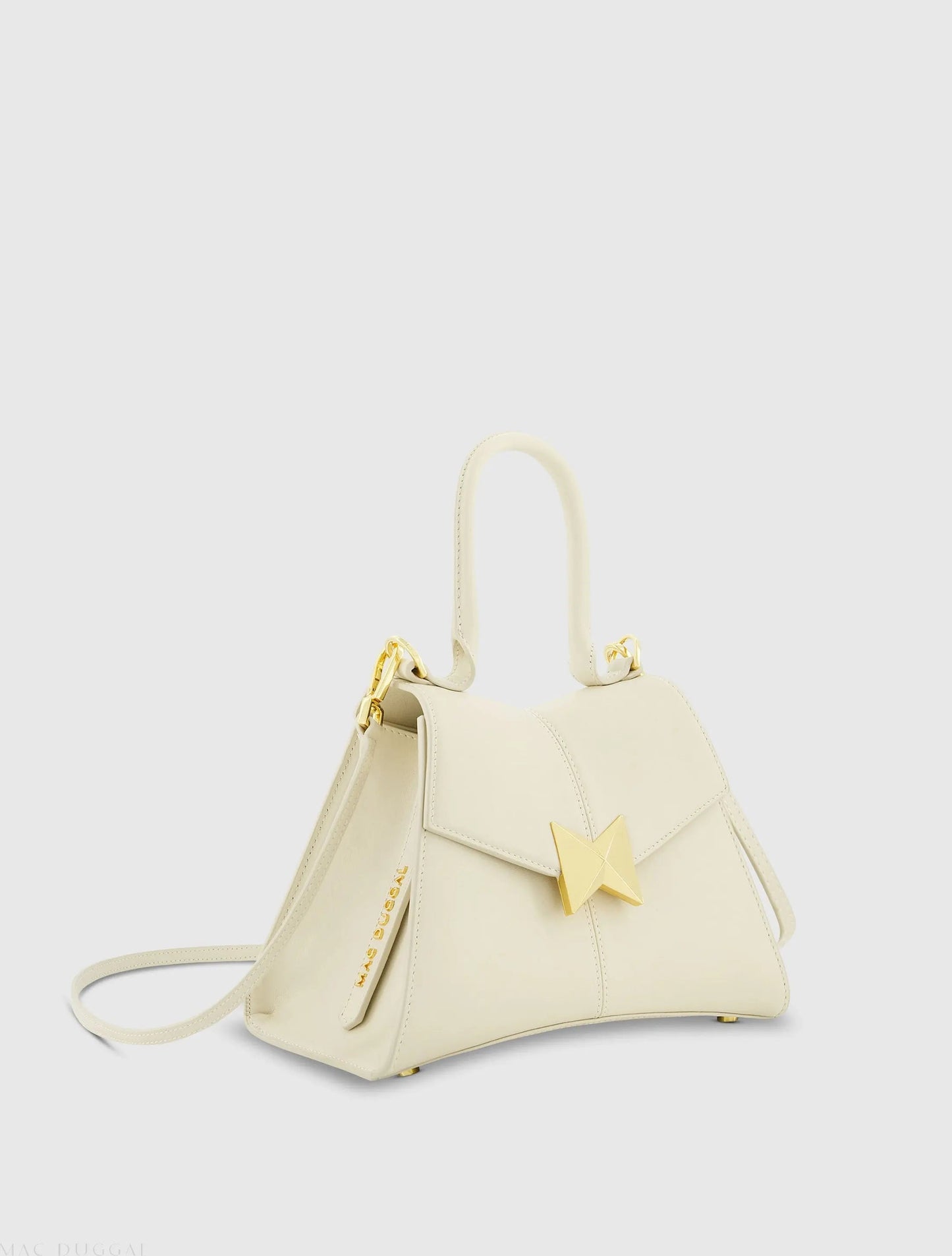 White Angular Small Leather Handbag With Gold Hardware