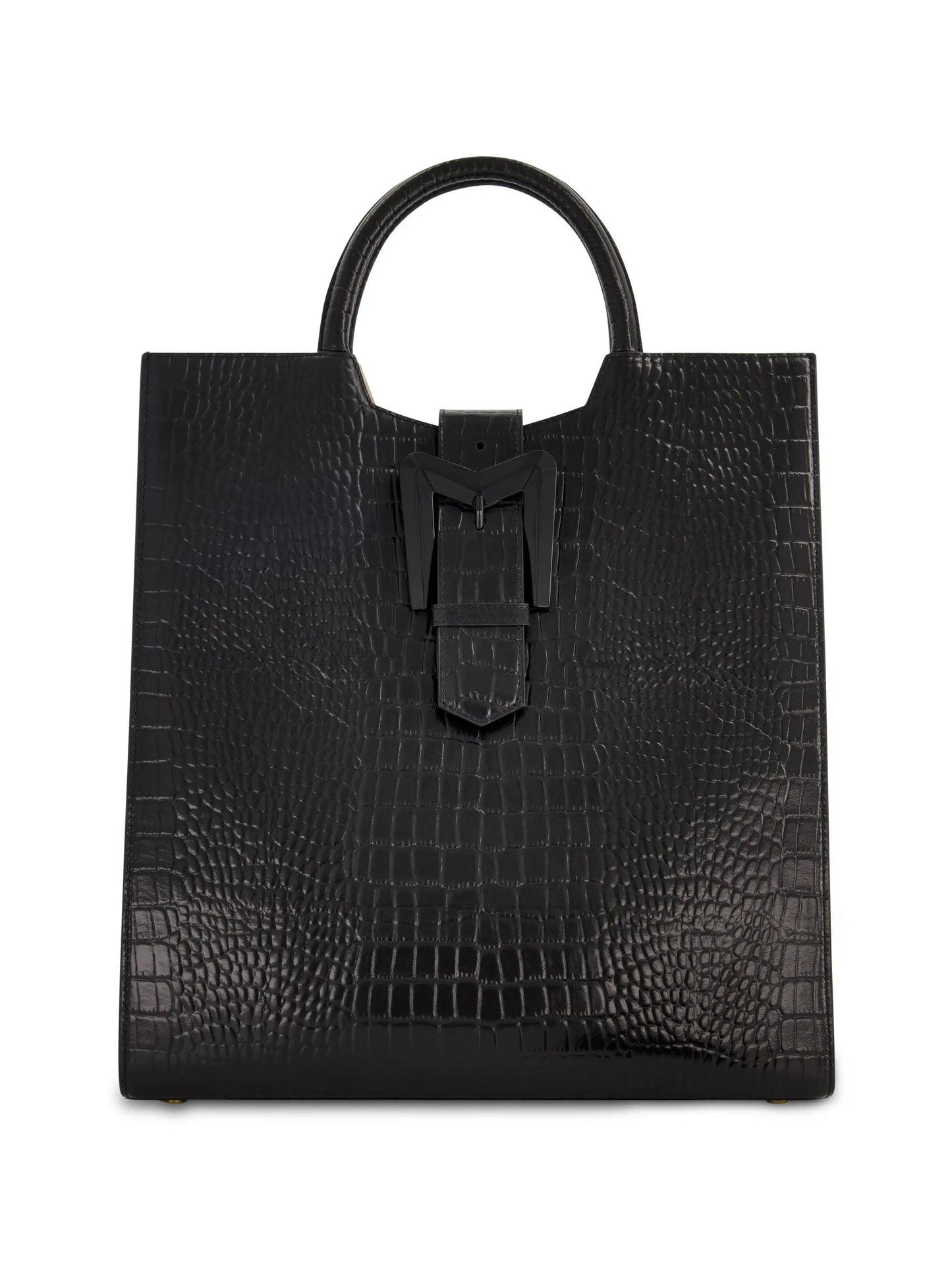 Black Buckled Maxi Croco Leather Tote Bag