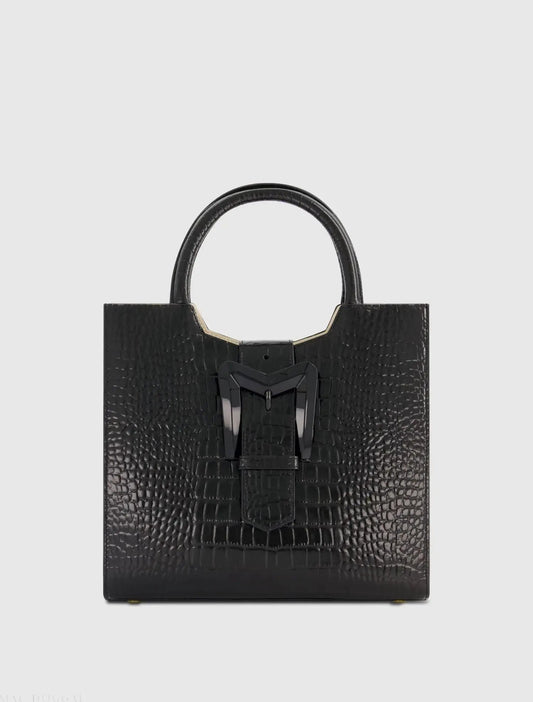 Black Buckled Medium Croco Leather Tote Bag with Detachable Strap