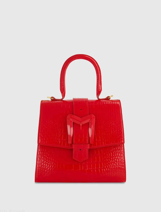 Red Buckled Medium Croco Leather Handbag with Detachable Strap
