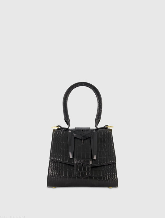 Buckled Mini Croco Leather Handbag with Detachable Strap