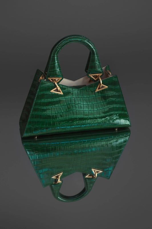Green Crocodile Leather Handbag With Gold Hardware