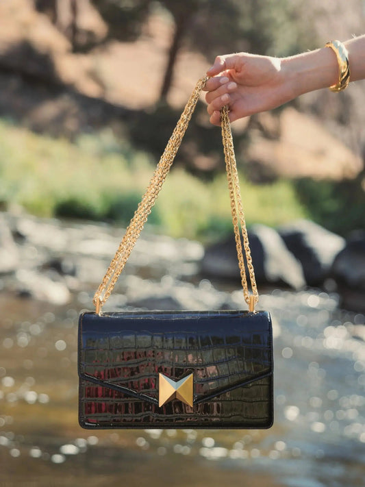 Black Crocodile Leather Shoulder Bag With Gold Hardware