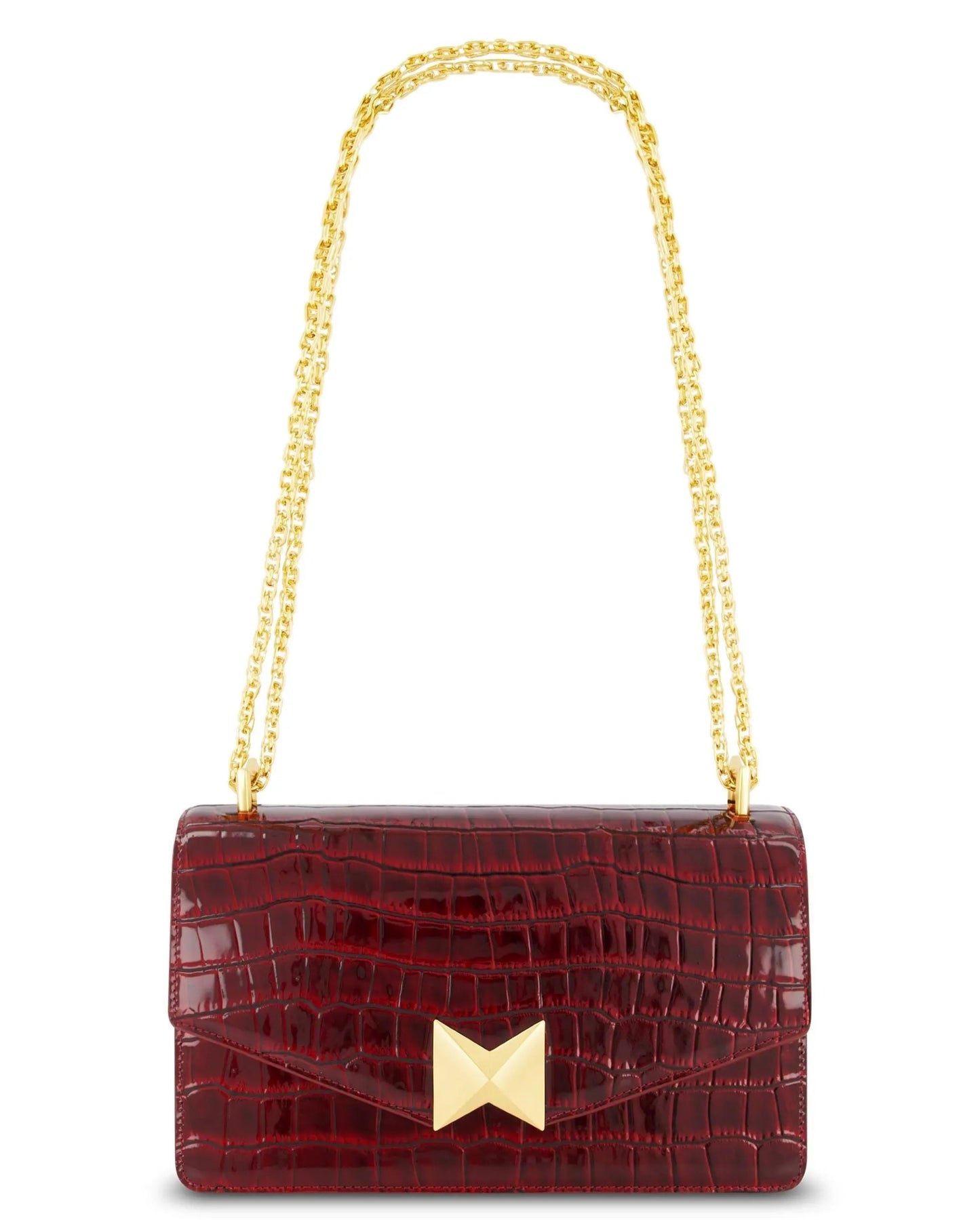 Red Crocodile Leather Shoulder Bag With Gold Hardware