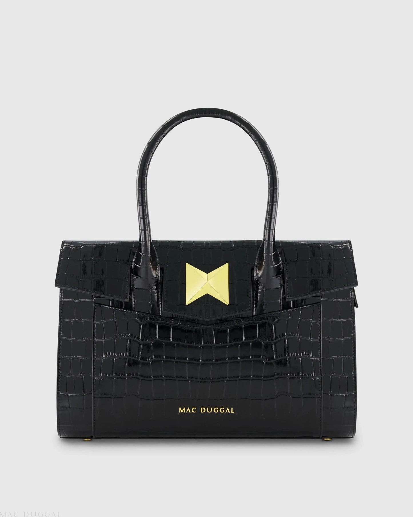 Black Crocodile Leather Tote Bag With Gold Hardware