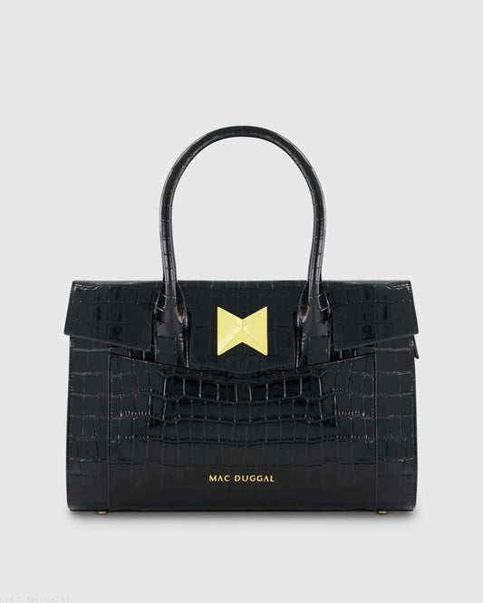 Black Crocodile Leather Tote Bag With Gold Hardware