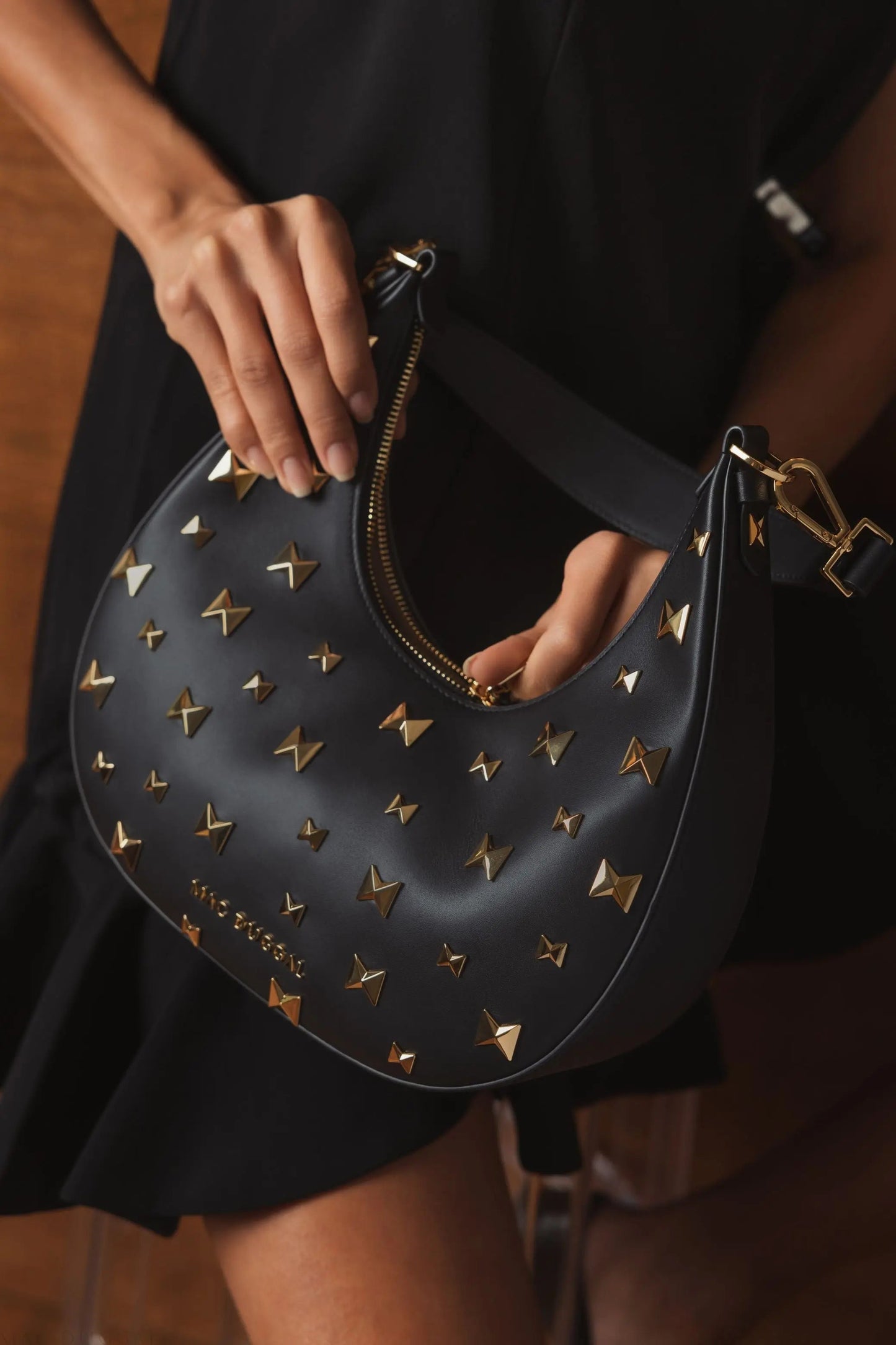 Black Leather Hobo Bag With Gold Hardware