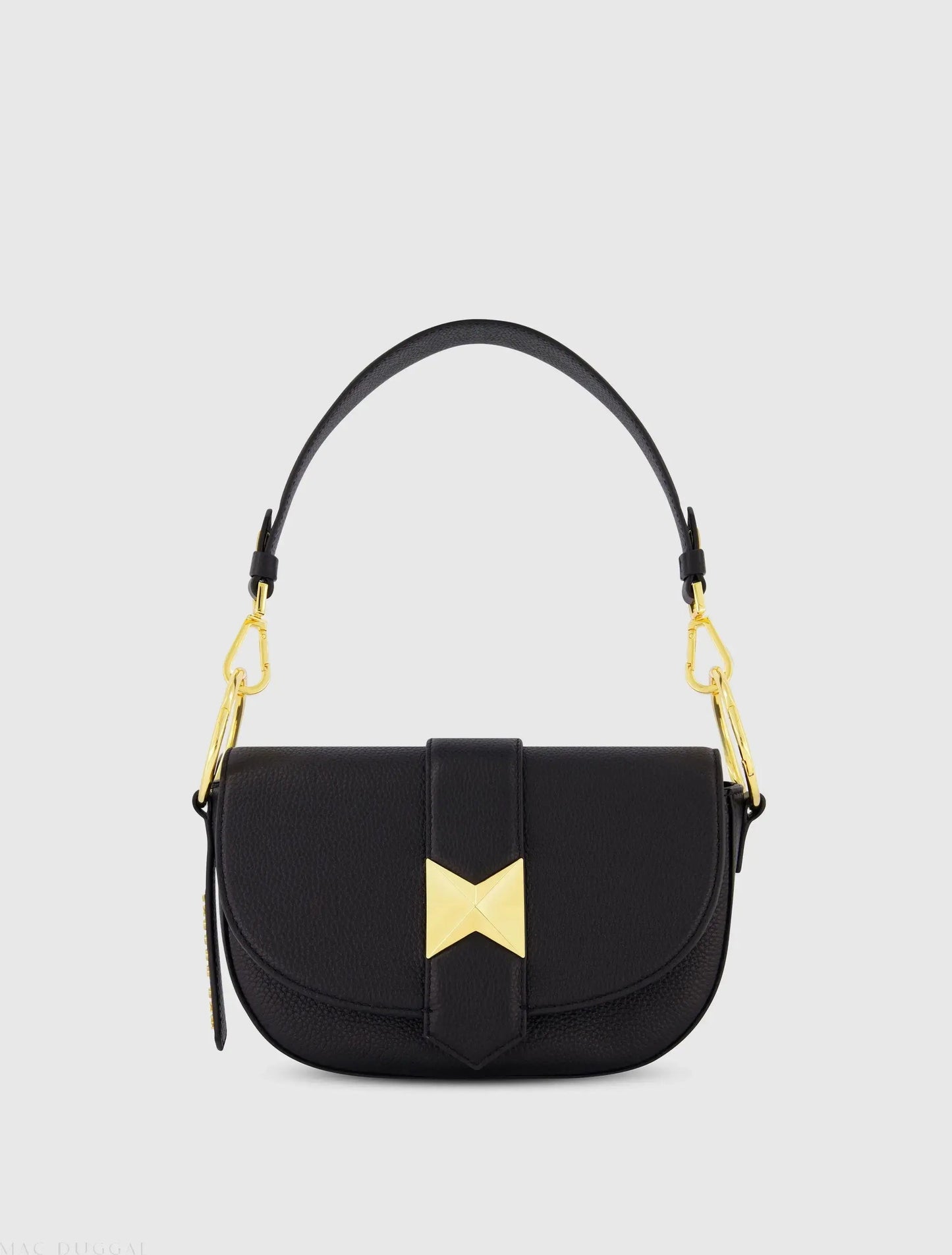 Black Grain Leather Saddle Bag With Gold Hardware