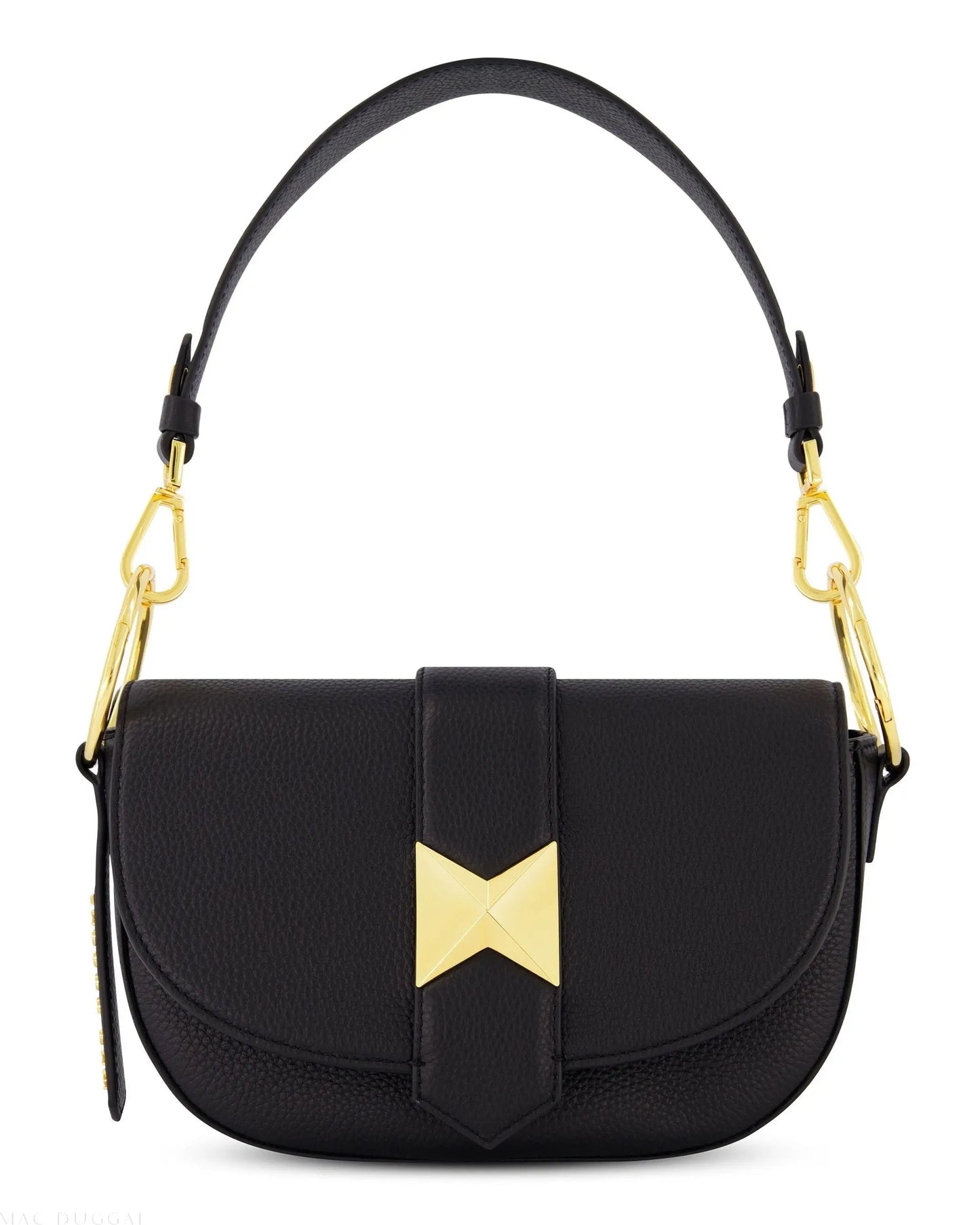 Black Grain Leather Saddle Bag With Gold Hardware