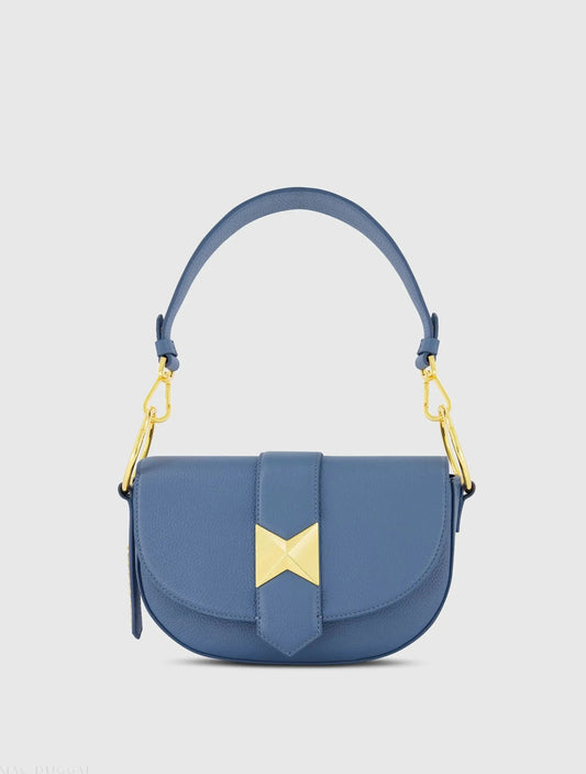 Blue Grain Leather Saddle Bag With Gold Hardware