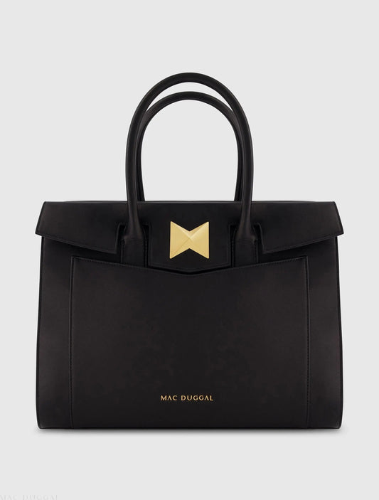 Black Large Leather Briefcase Bag With Gold Hardware