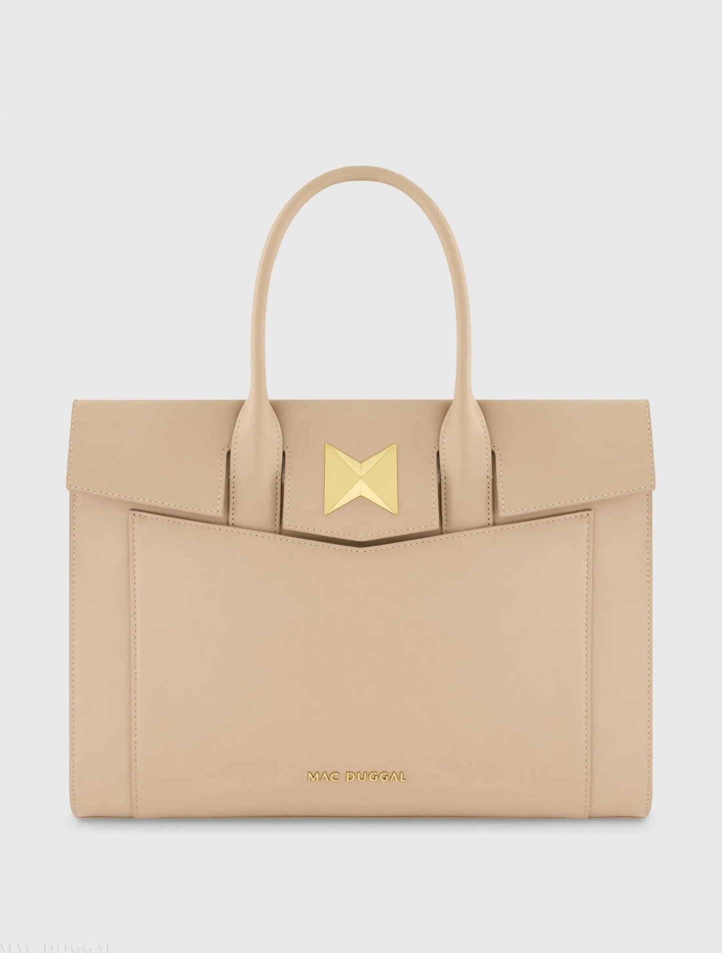 Beige Large Leather Briefcase Bag With Gold Hardware