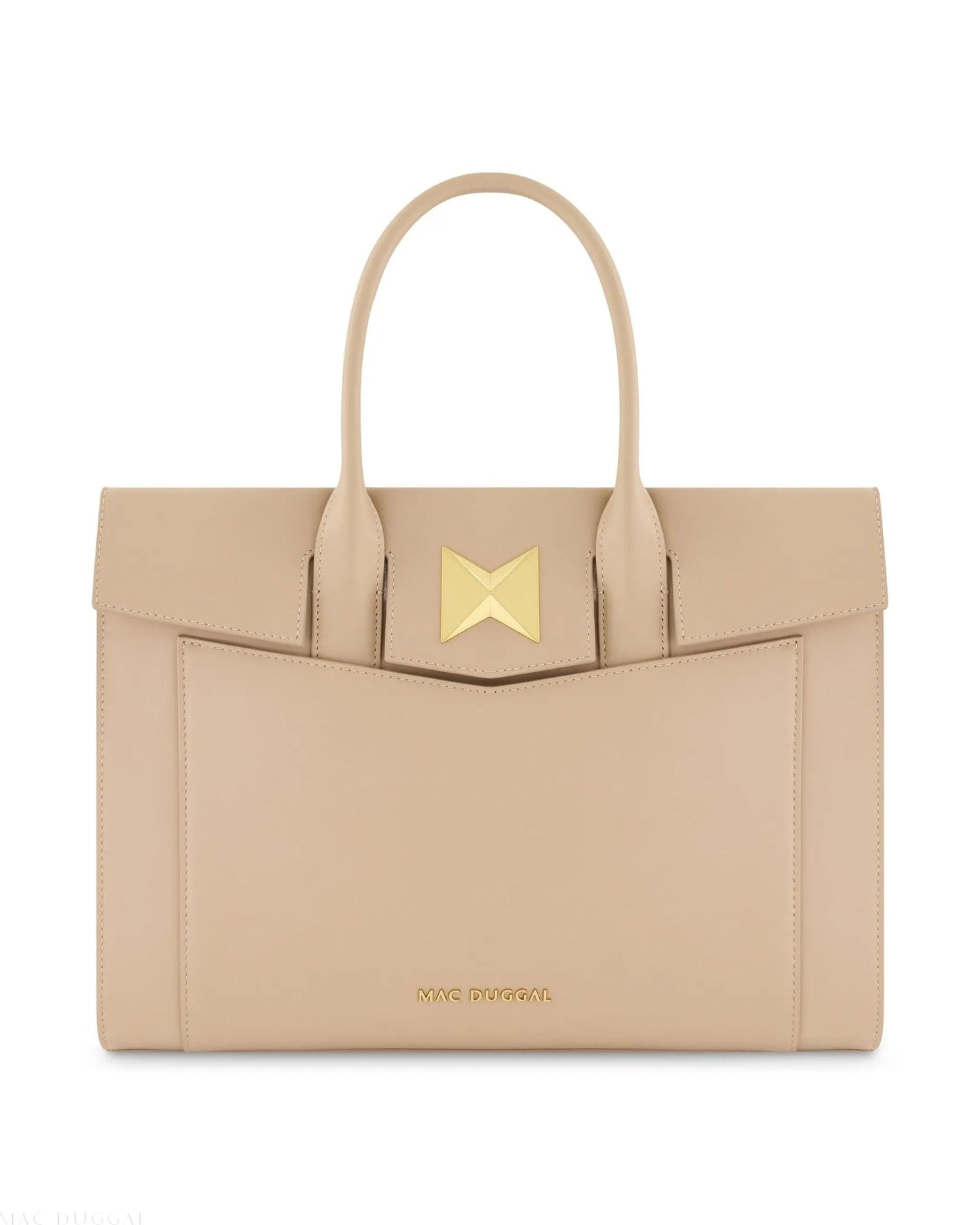 Beige Large Leather Briefcase Bag With Gold Hardware