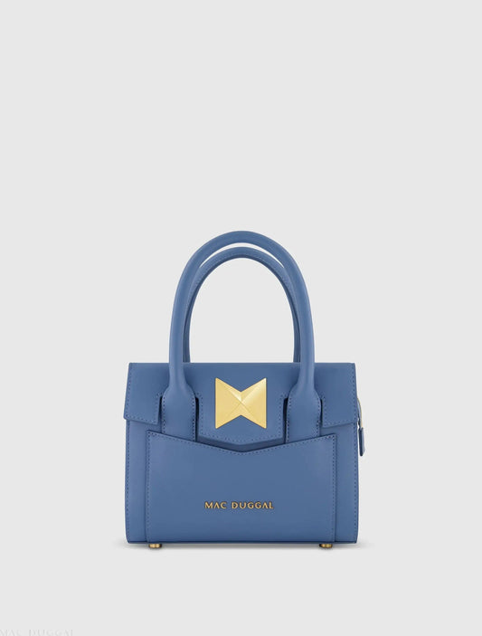 Blue Small Leather Tote Bag With Gold Hardware