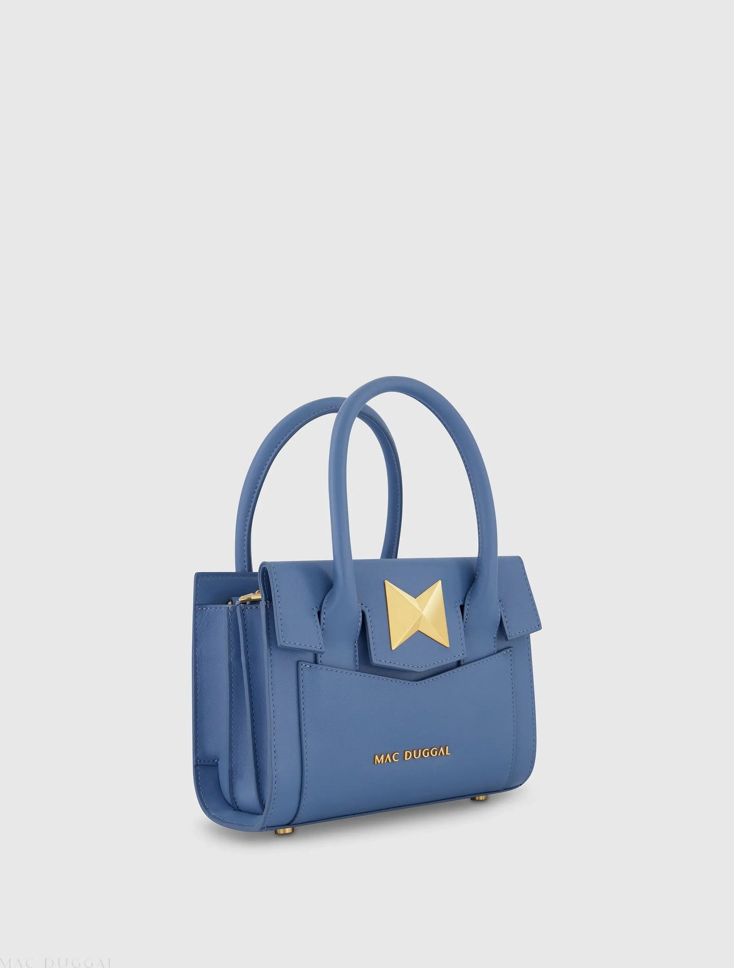 Blue Small Leather Tote Bag With Gold Hardware