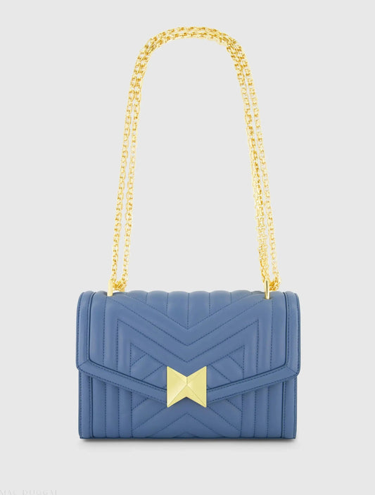 Blue Quilted Napa Leather Handbag With Gold Chain