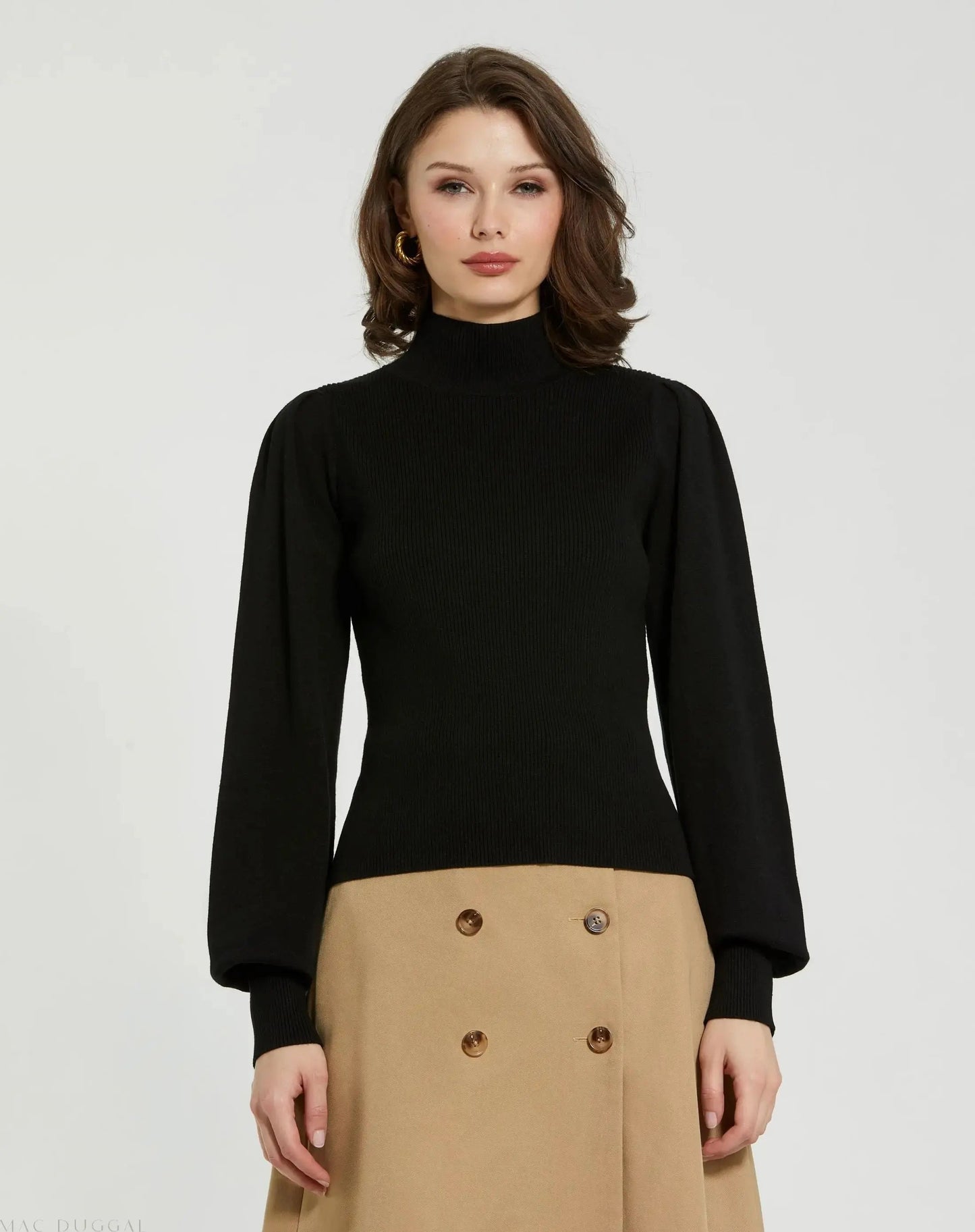 Ribbed Knit Balloon Sleeve Turtleneck Sweater