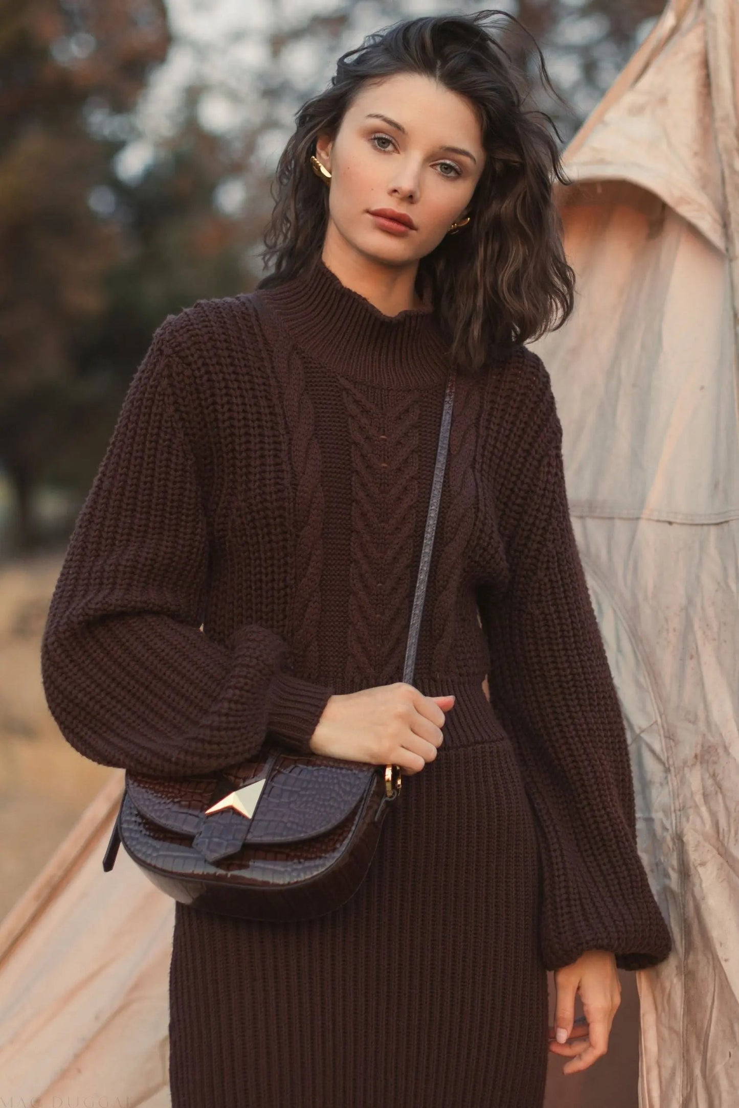 Brown Long Sleeve Turtle Neck Knit Midi Dress
