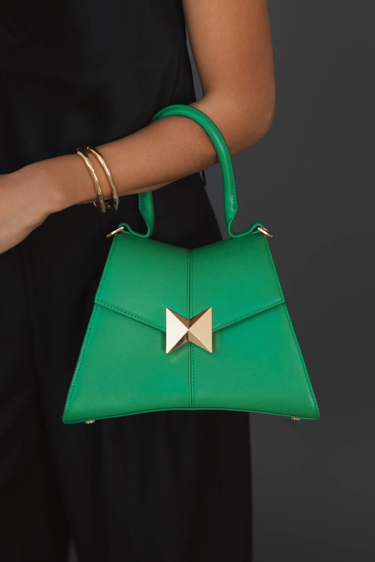 Green Angular Small Leather Handbag With Gold Hardware