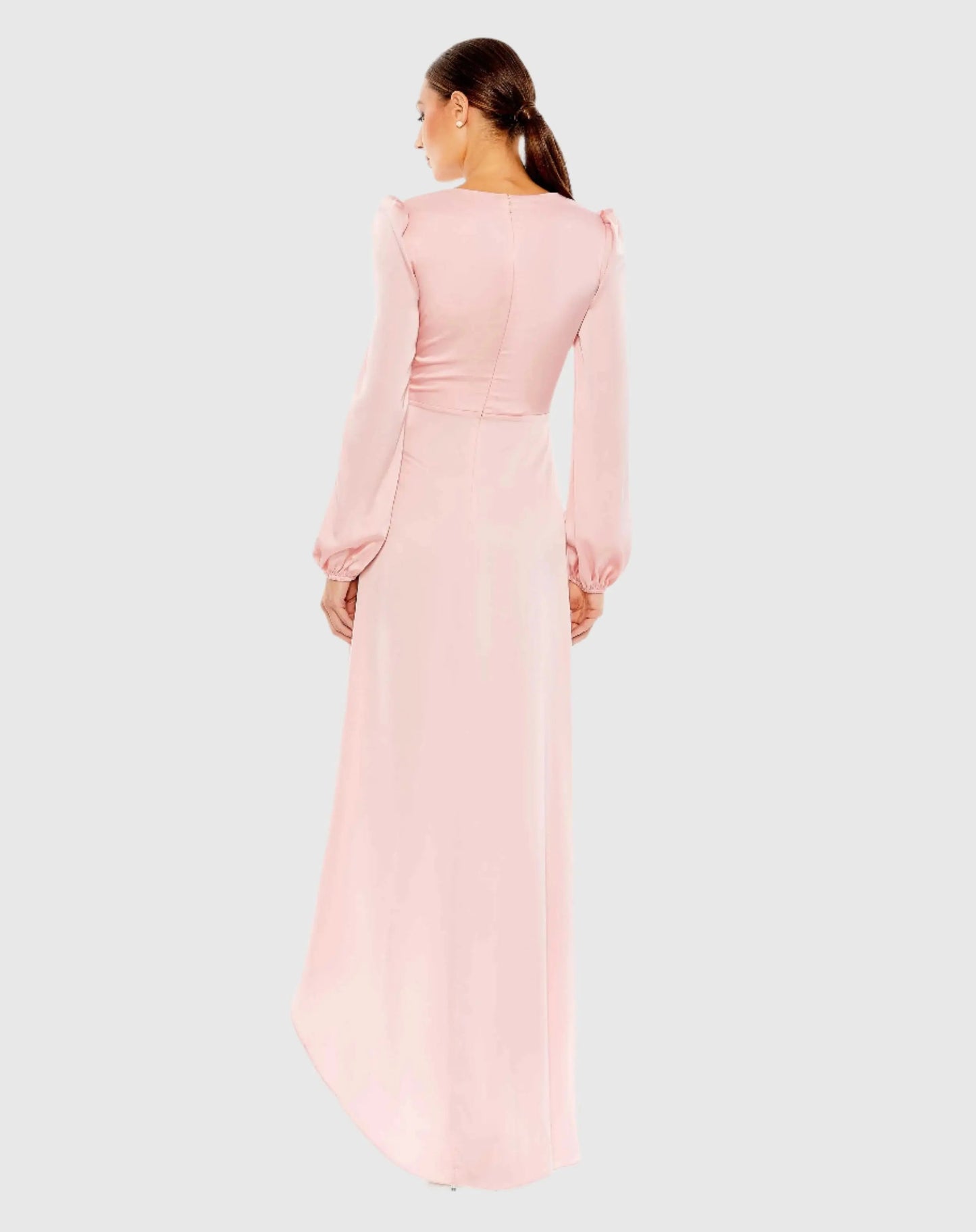 Pink Draped Faux Wrap Puff Long Sleeve Gown