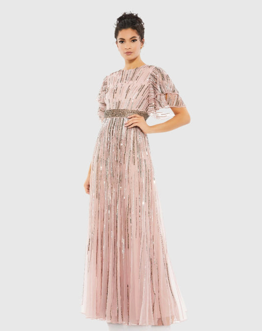 Pink Embellished Full Length Layered Sleeve Gown - FINAL SALE