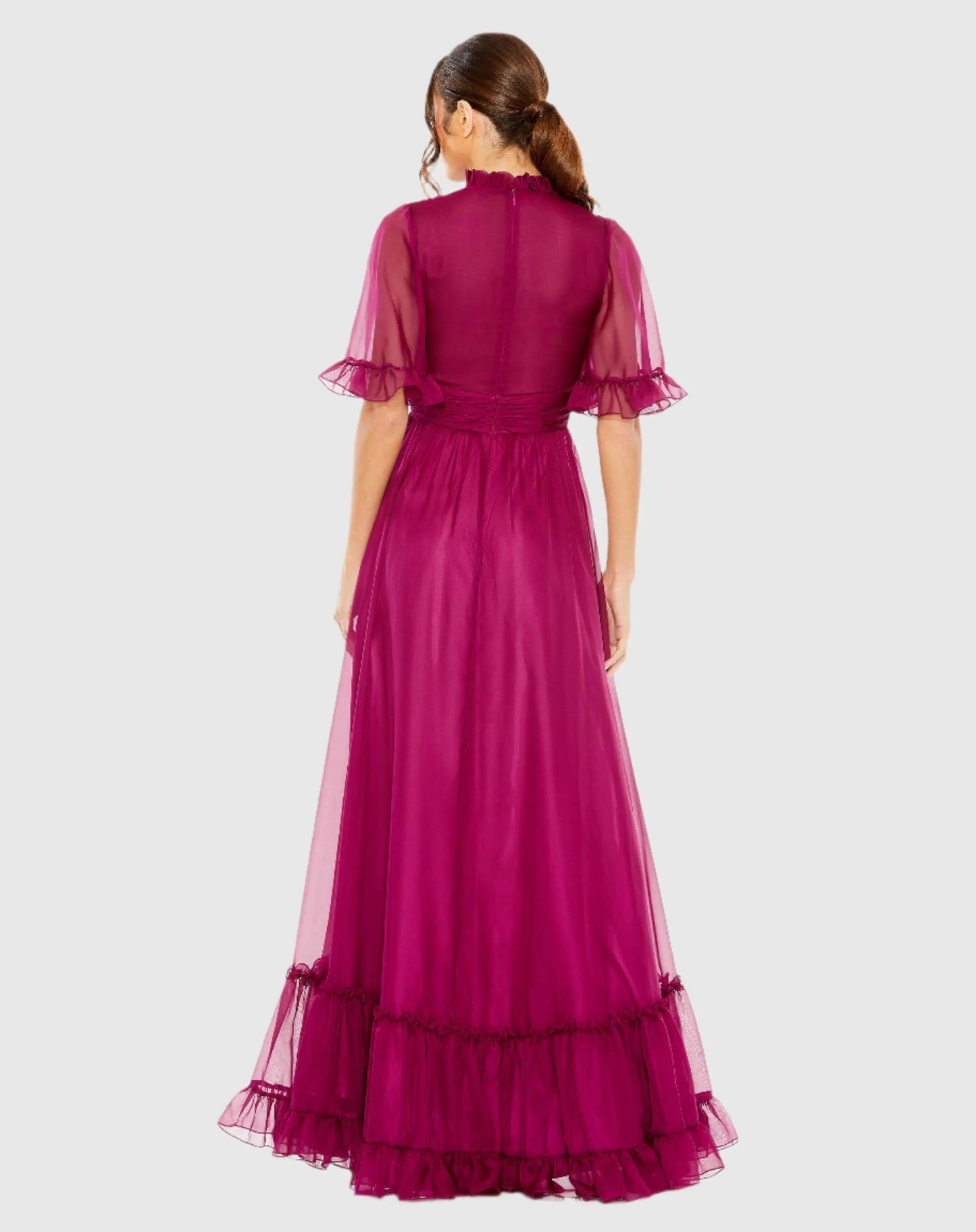 Purple Ruffled Mock Neck Flutter Sleeve High Low Hem Gown